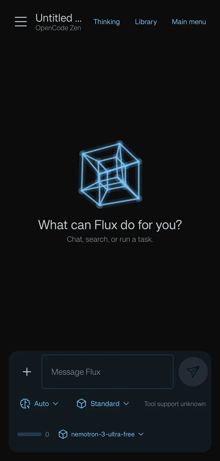 Flux workspace: What can Flux do for you? above the message box, with mode, standard and model pickers