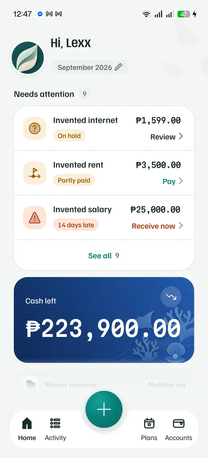 Nume home with invented overdue items and the monthly cash-left card