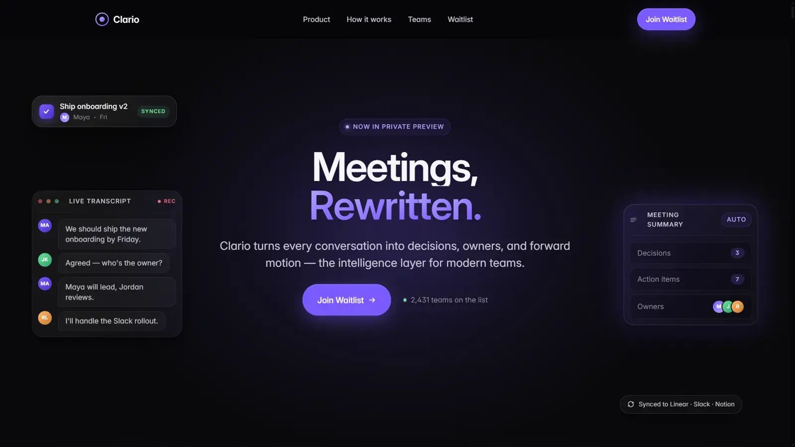 Clario hero: Meetings, Rewritten. over floating live-transcript and meeting-summary cards