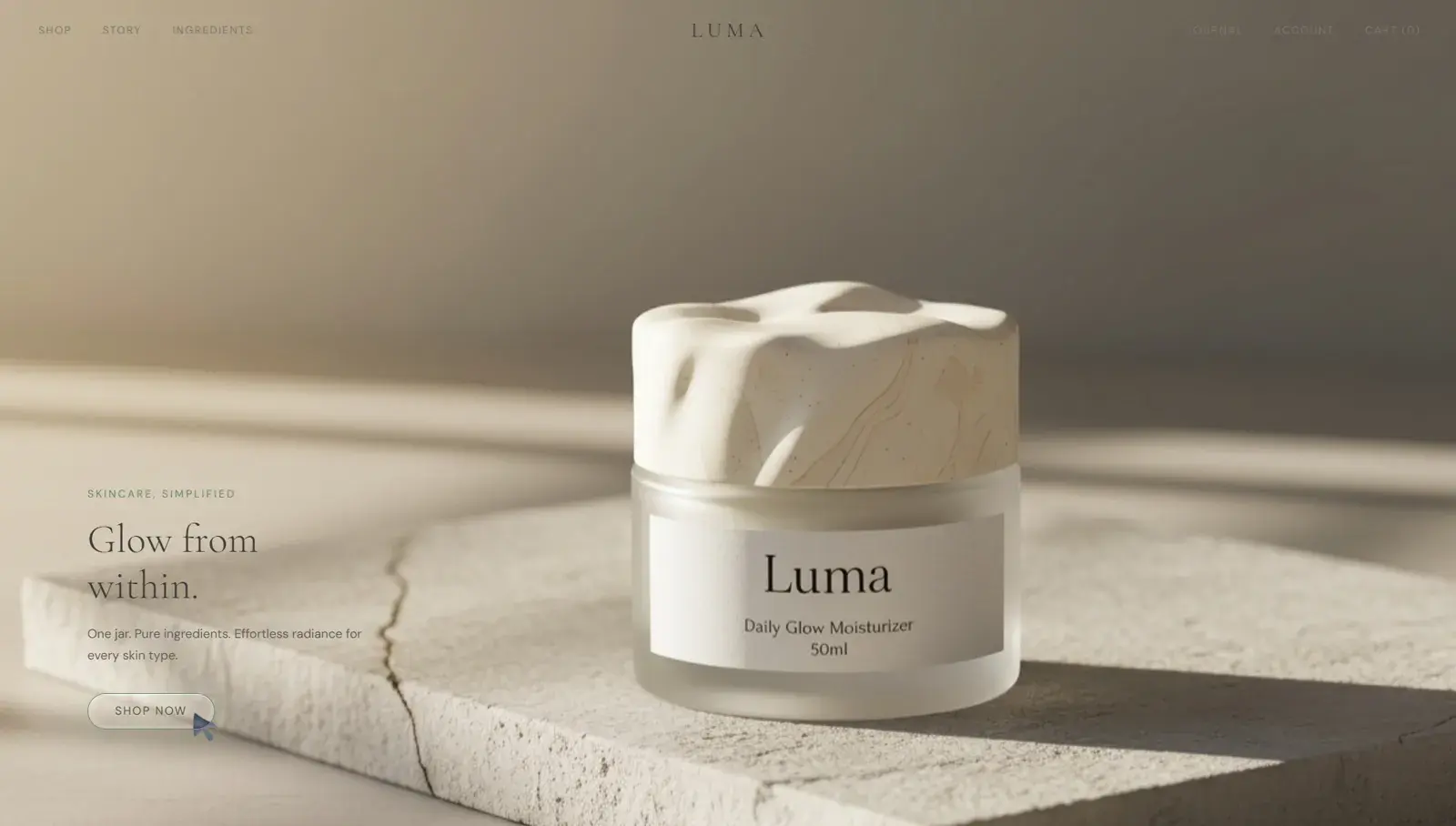 Luma hero: Glow from within. with the Daily Glow Moisturizer jar on a sunlit stone slab