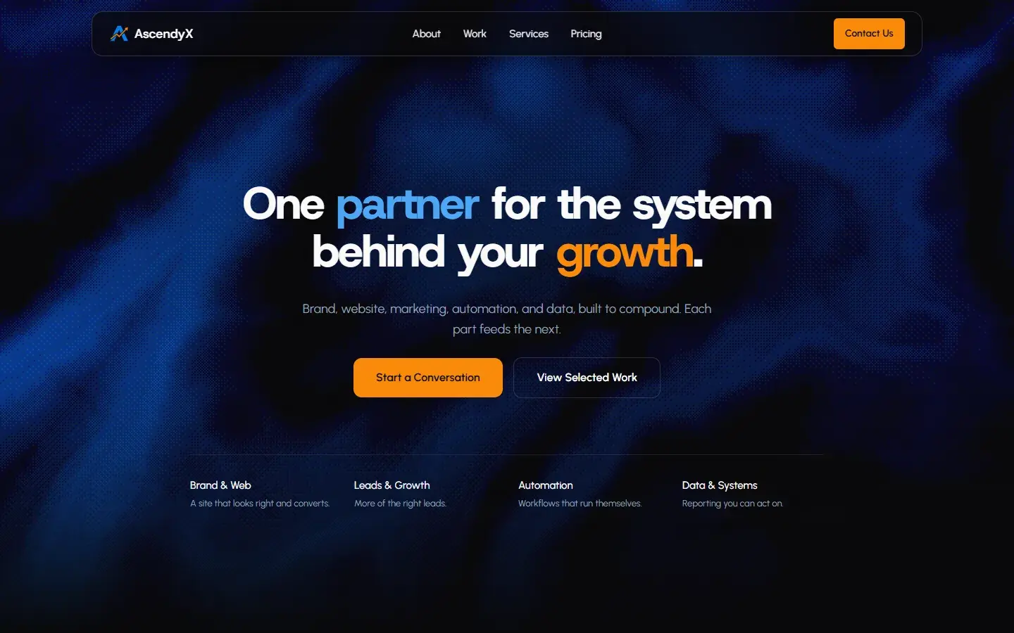 The current AscendyX home page: One partner for the system behind your growth, over a textured blue background