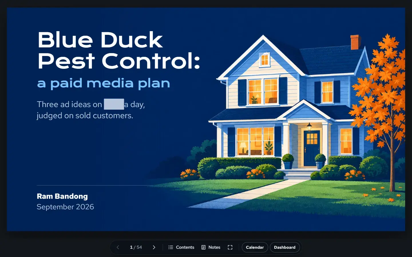 The web presentation's cover slide, Blue Duck Pest Control: a paid media plan, with the slide toolbar underneath. Budget figures hidden.