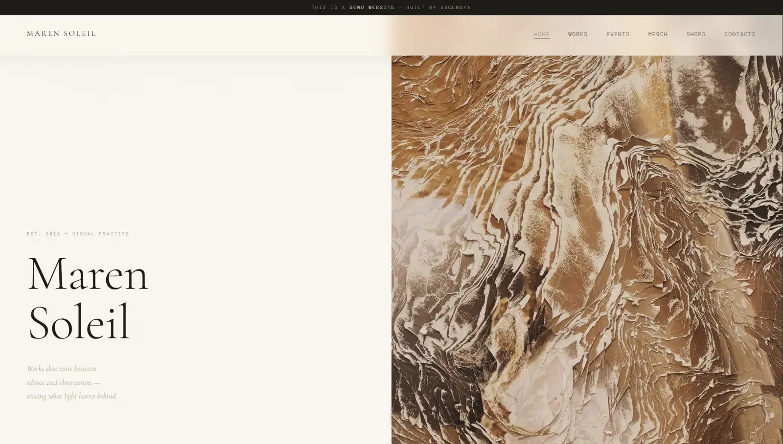 Maren Soleil home: an editorial split hero pairing the artist's name with a gold textured artwork