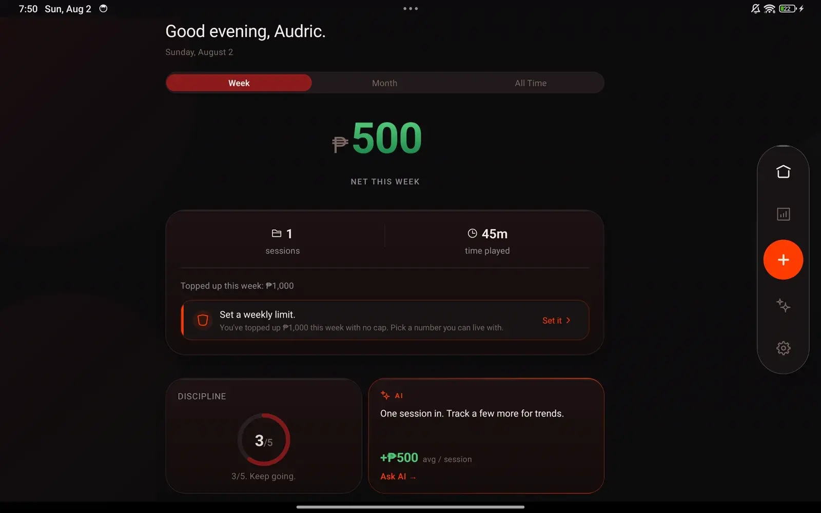 Tilted's home dashboard: net for the week, sessions and time played, a weekly-limit nudge, and a discipline ring.