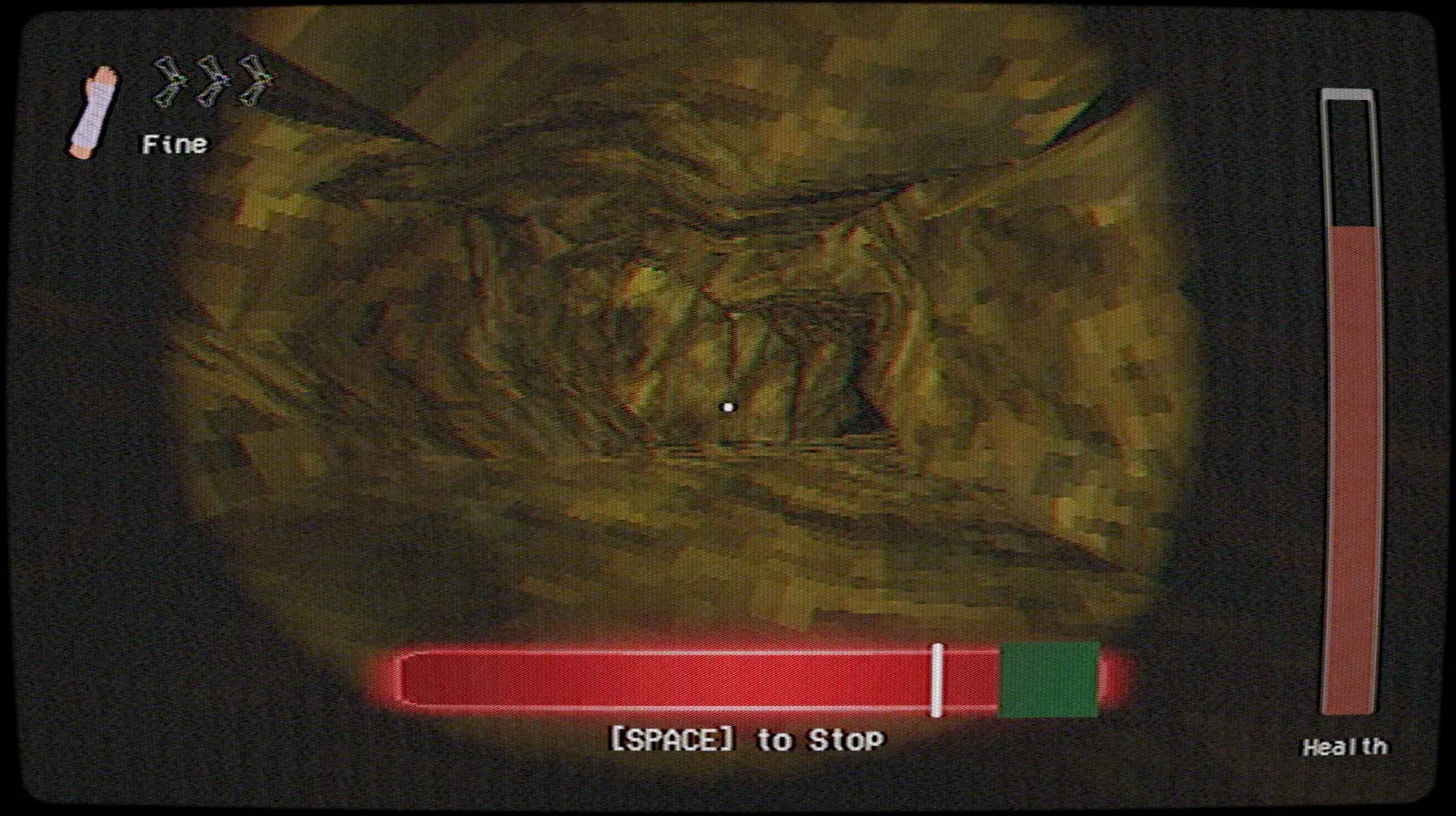 First-person view rappelling down a dark cave shaft, a hold-to-descend meter along the bottom.