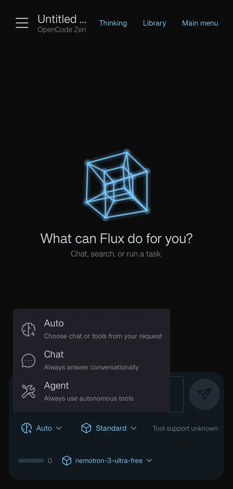 Mode menu: Auto, Chat and Agent, each with a one-line description