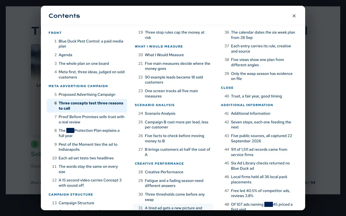 The presentation's contents panel listing all 54 slides by section