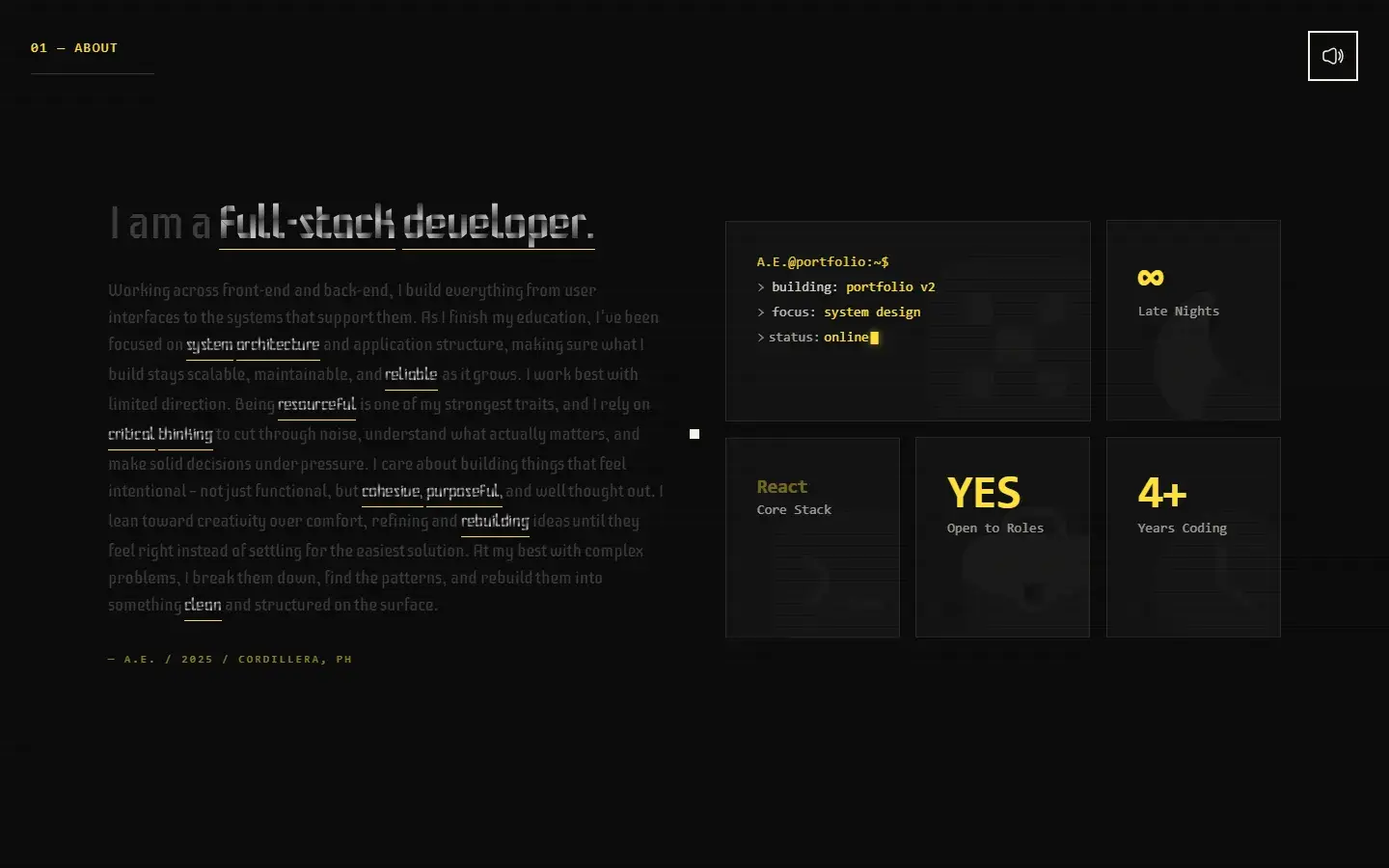 About section: I am a full-stack developer, beside a grid of small stat tiles