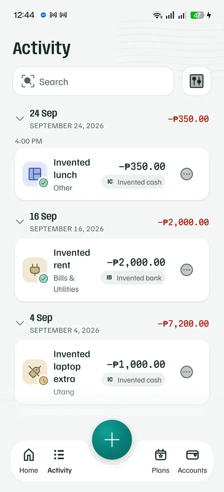 Activity list of invented records with dates, categories and amounts