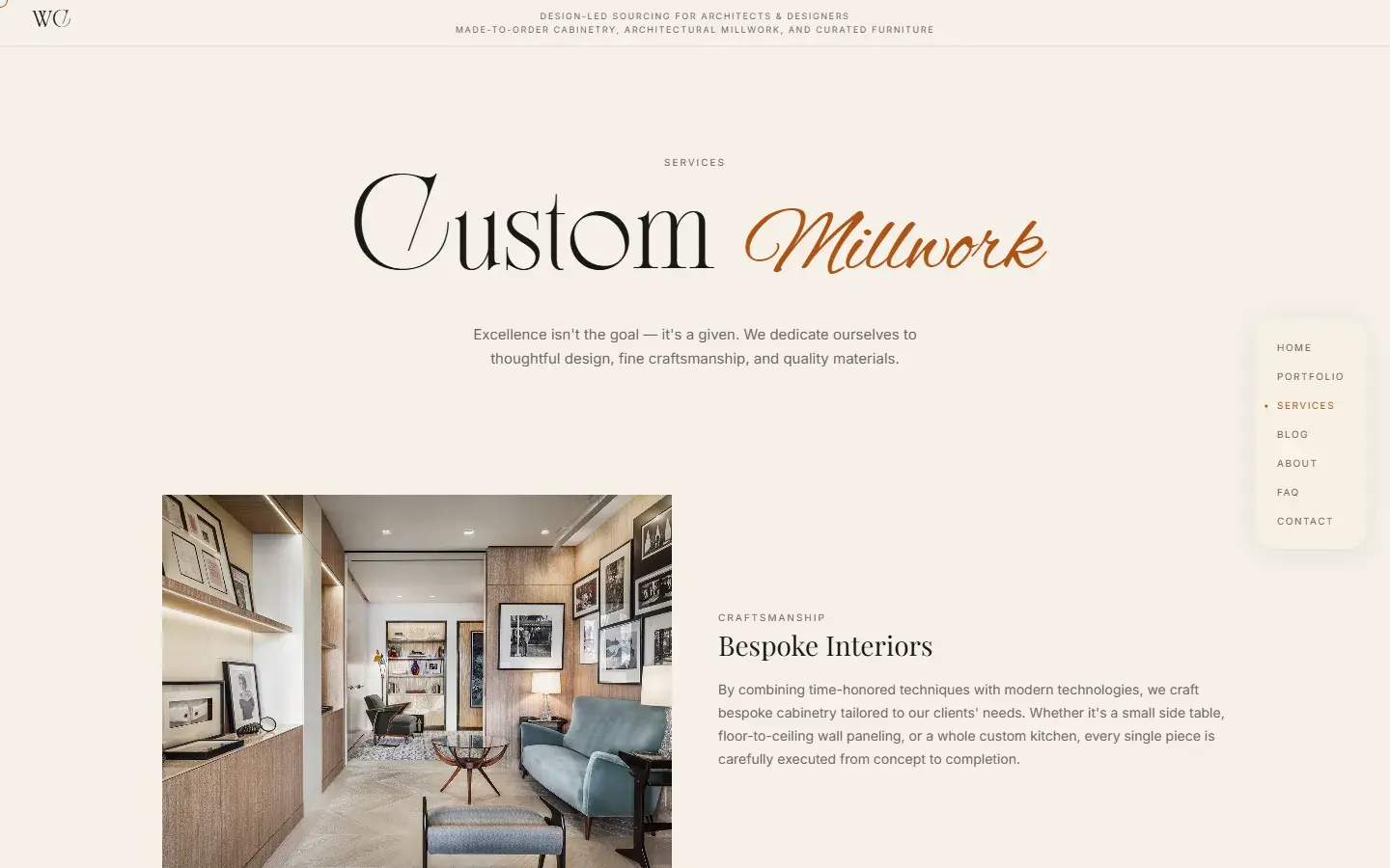Custom Millwork service page with a bespoke interior photo