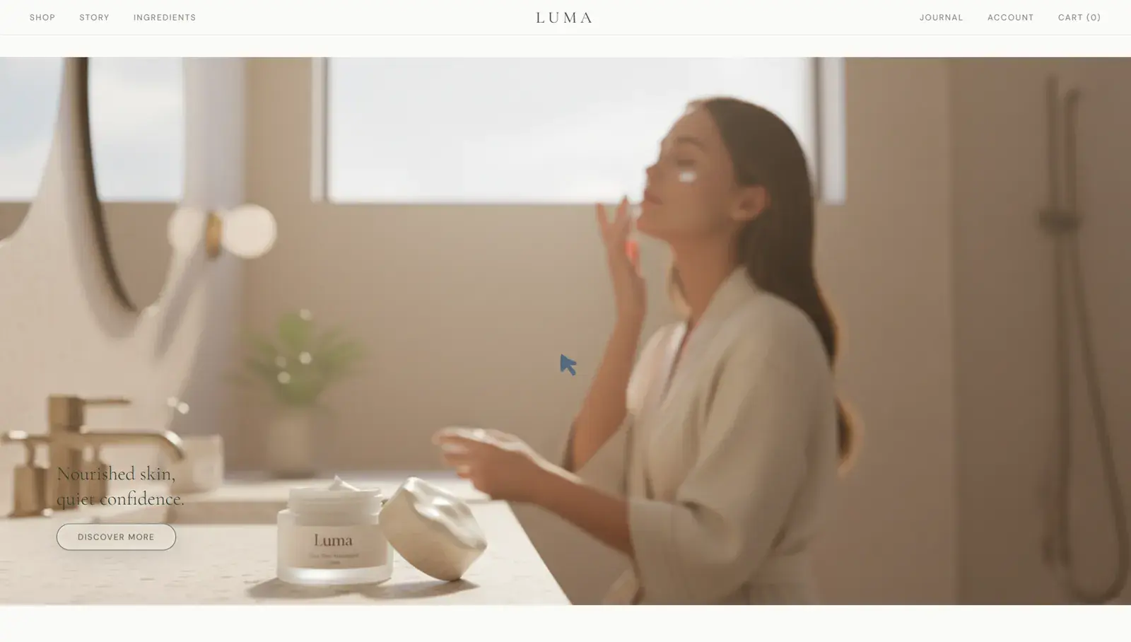 Luma lifestyle hero: Nourished skin, quiet confidence. in a sunlit bathroom scene