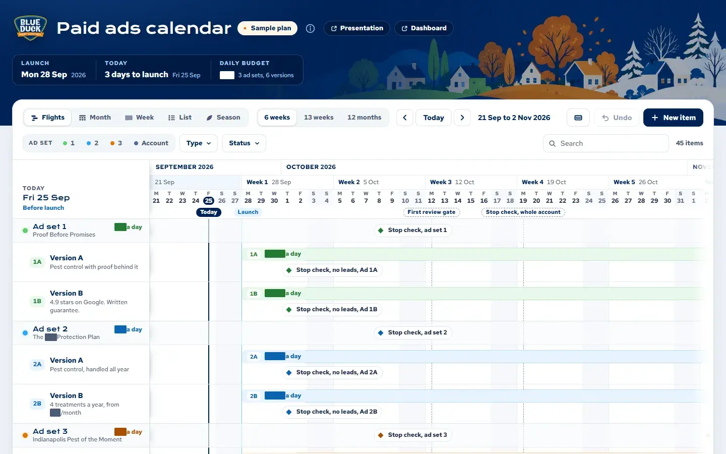 The ads calendar's flights view across six weeks, with stop checks marked