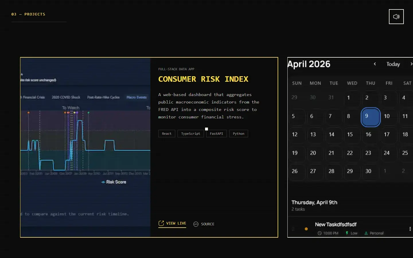 Projects section: a Consumer Risk Index card beside a to-do app card