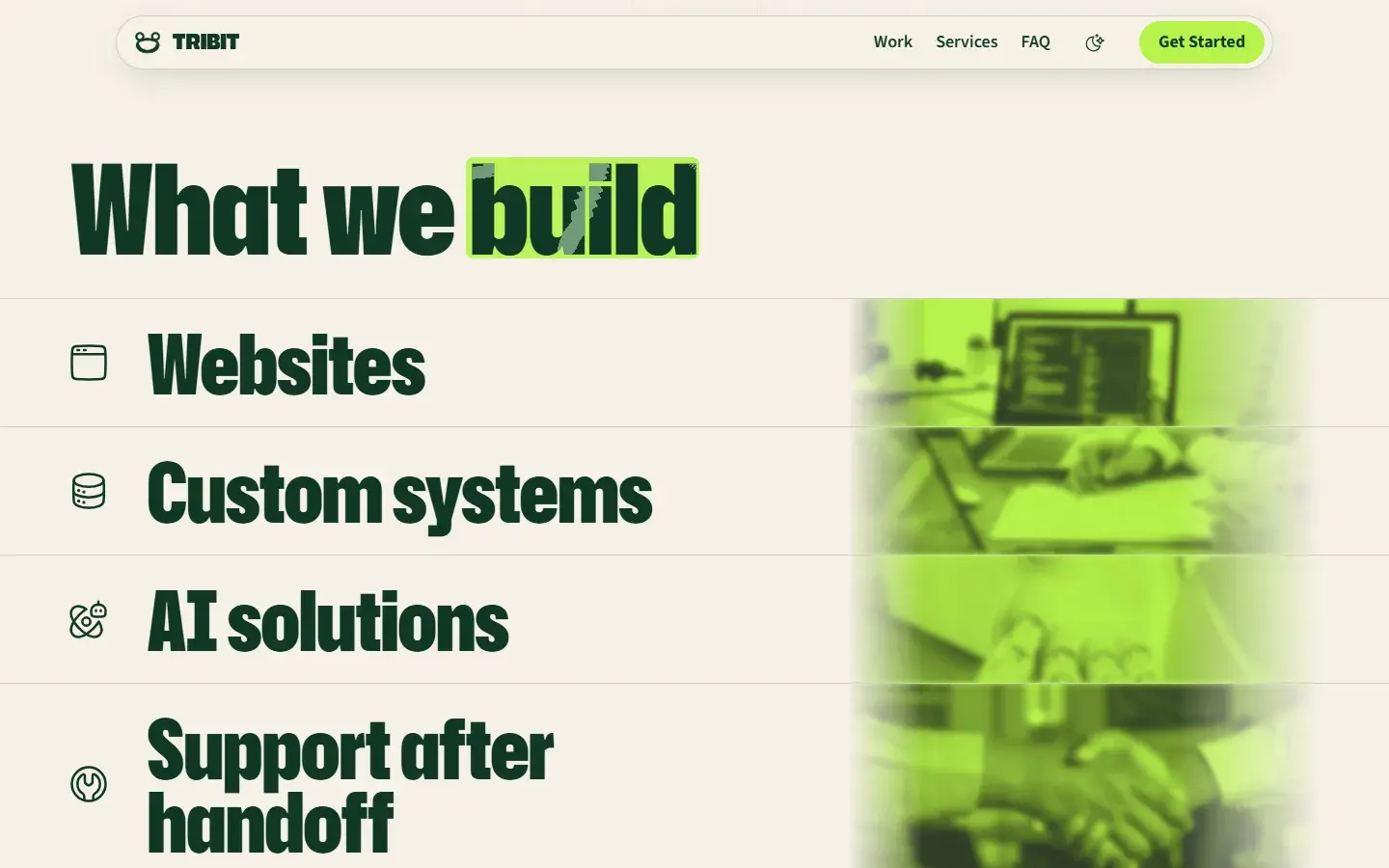 Current services: What we build, a stacked list of four services in large type