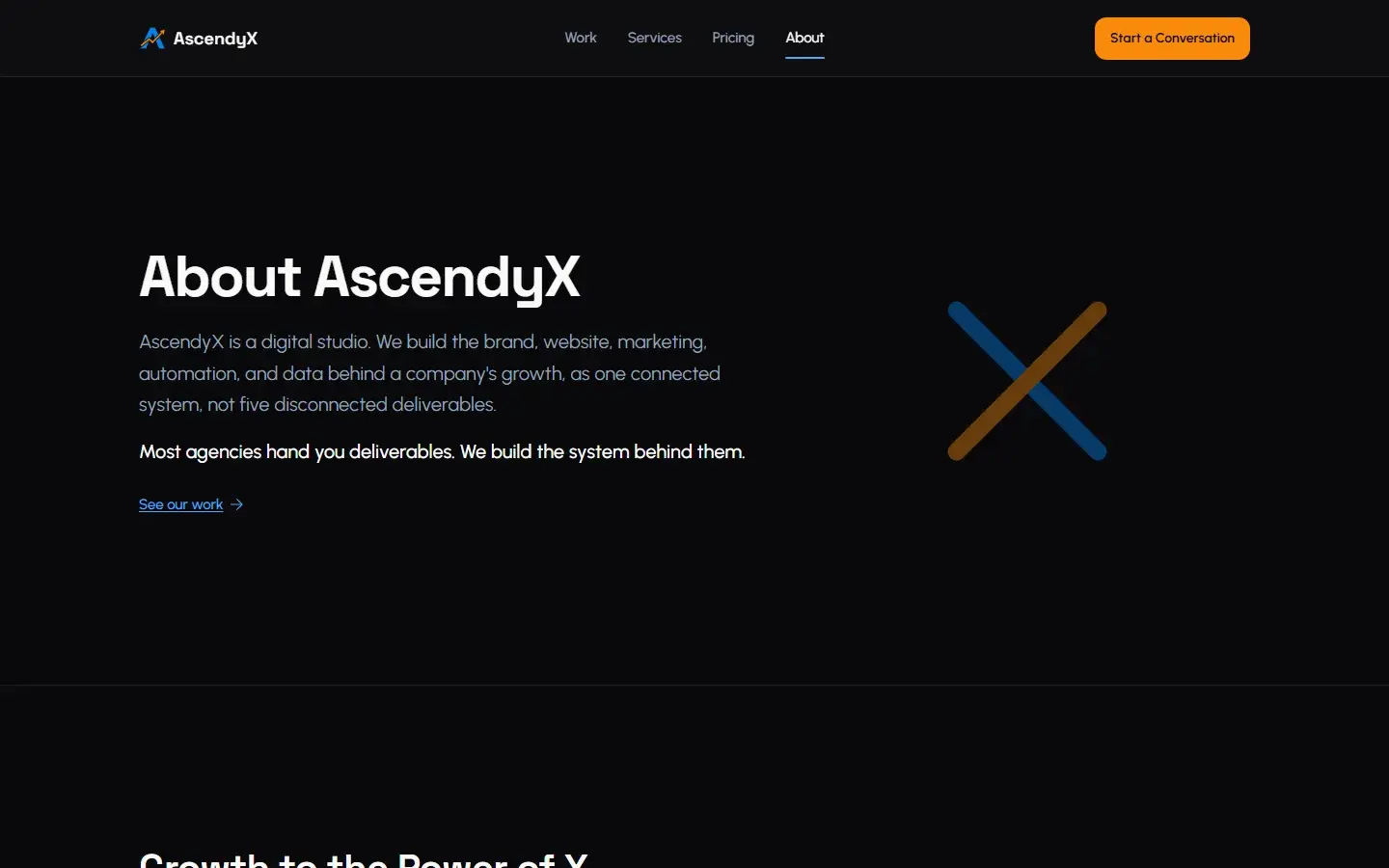 Early build about page: About AscendyX beside a large X mark