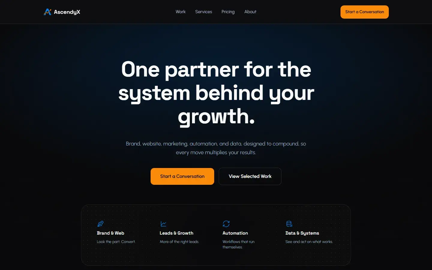 Early build home page: the new headline in plain white text on a dark page