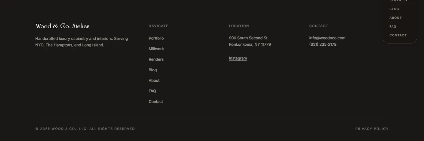 Footer: navigation, location and contact on a dark band