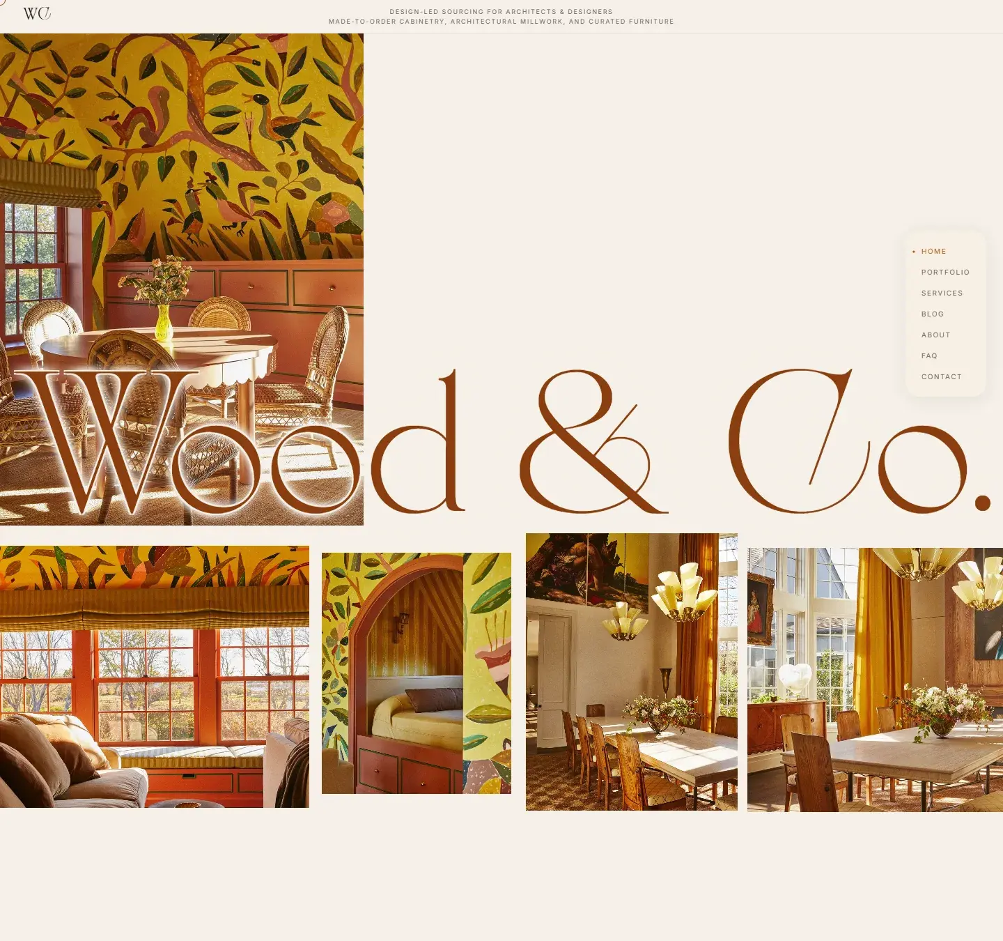 Wood & Co. home hero: the wordmark over a painted dining room, with a strip of interior photos