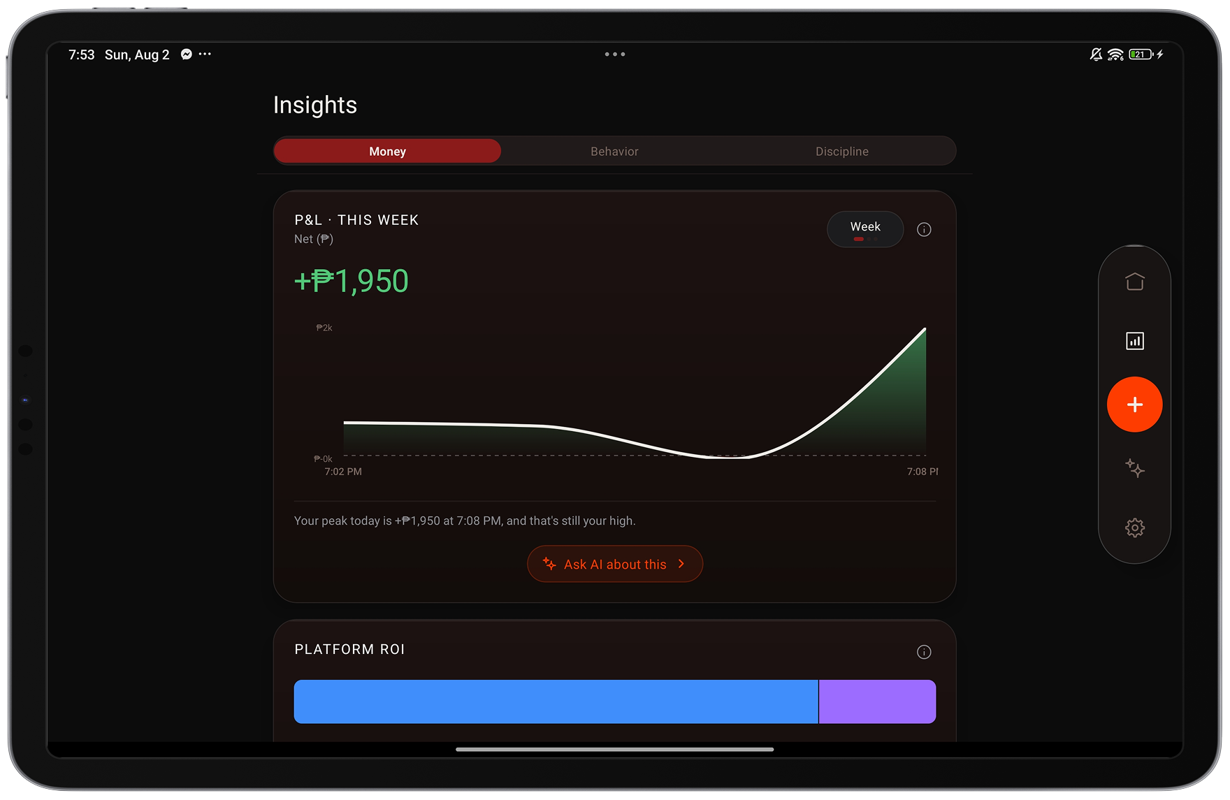 Tablet mockup of the Tilted Insights money tab with a weekly P&L line chart