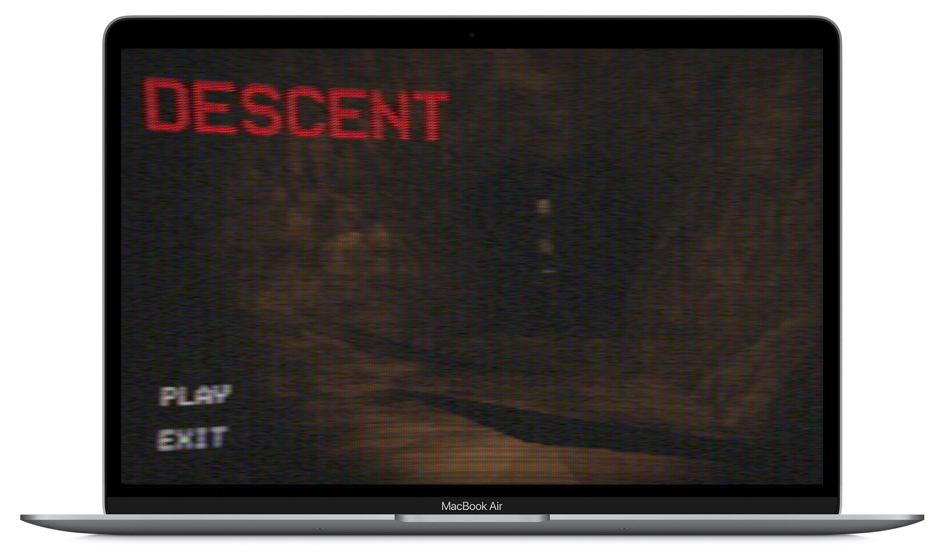 Laptop mockup of Descent's title screen, PLAY and EXIT over a dark mine corridor