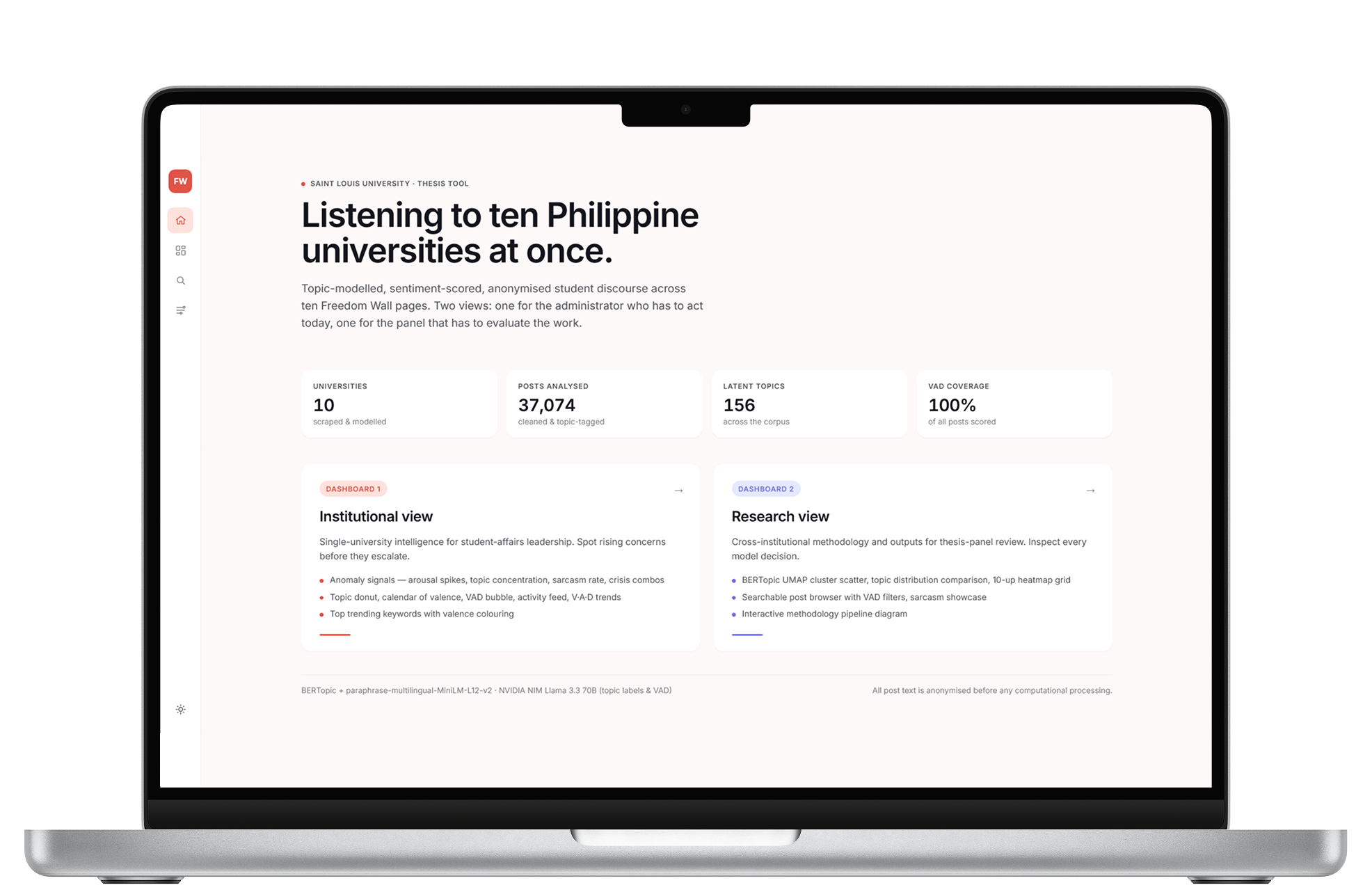 Laptop mockup of the Freedom Wall Analytics landing page, Institutional and Research view cards